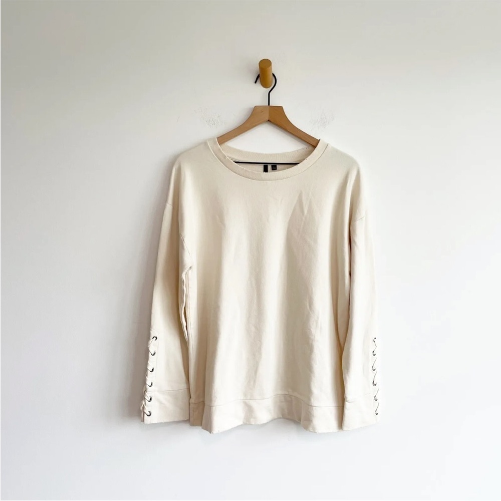 Joe's Collection Women's Sweater Distressed Hem Lace Up Sleeves Beige Size Large